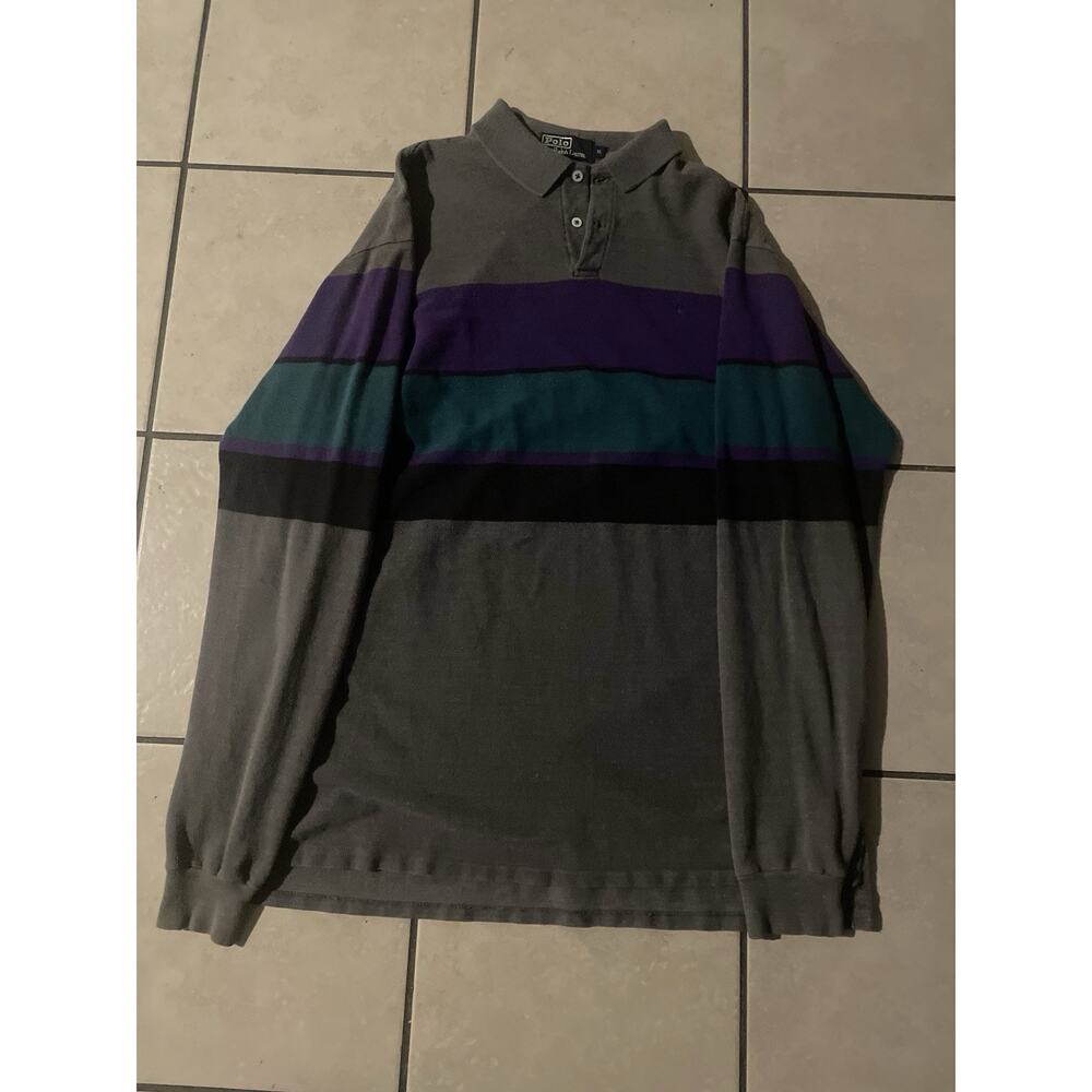 VTG Polo Ralph Lauren Long Sleeve Polo Rugby Gray Striped Mens Sz XL Purple Pony